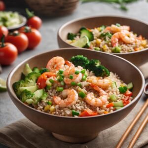 Almuerzo para bajar de peso con Bowl de arroz integral con camarones y vegetales al wok