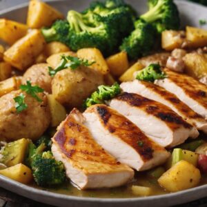 Almuerzo para bajar de peso con Pechuga de pollo a la plancha con batatas asadas y brócoli
