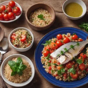 Almuerzo para bajar de peso con Pescado al horno con ensalada de quinoa y tomate