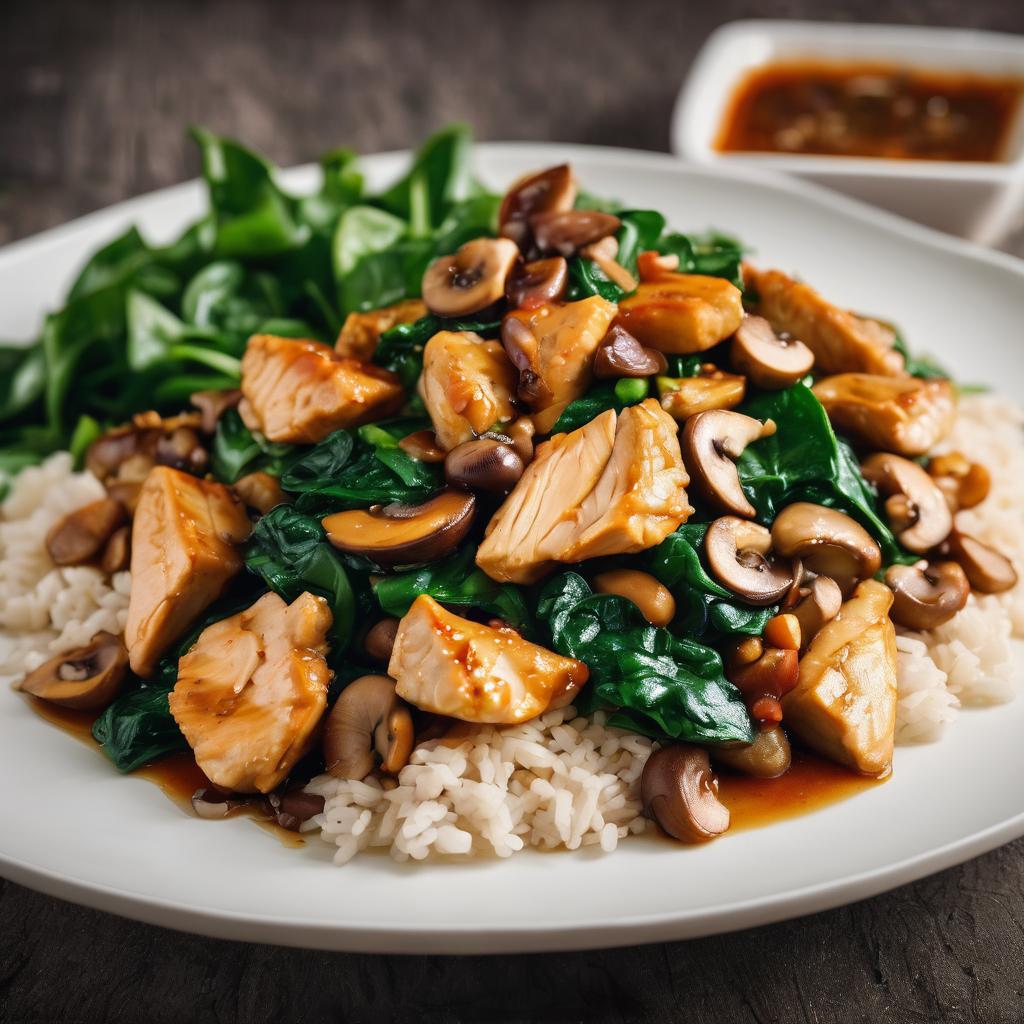 Almuerzo para bajar de peso con Stir-fry de pollo con champiñones, espinacas y salsa de soja baja en sodio