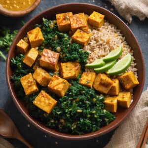 Almuerzo para bajar de peso con Tofu al curry con col rizada y arroz integral
