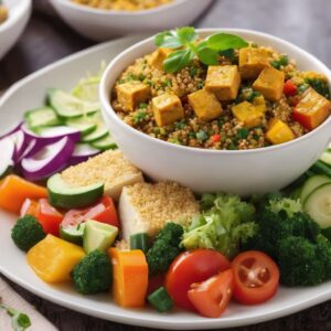 Almuerzo para bajar de peso con Tofu al curry con quinoa y vegetales mixtos