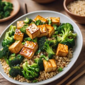 Almuerzo para bajar de peso con Tofu salteado con brócoli y quinoa