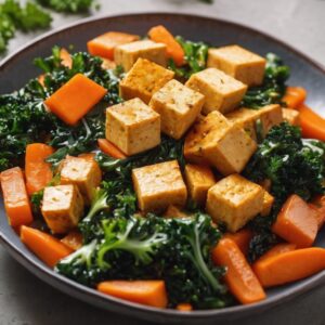 Almuerzo para bajar de peso con Tofu salteado con col rizada, zanahorias y jengibre