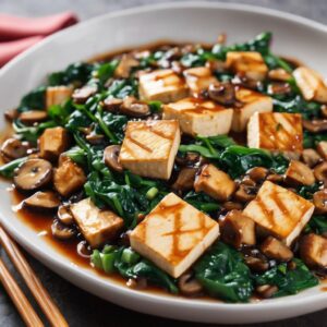 Almuerzo para bajar de peso con Tofu salteado con setas, espinacas y salsa teriyaki
