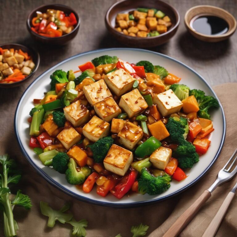 Almuerzo para bajar de peso con Tofu salteado con verduras y salsa de soja baja en sodio