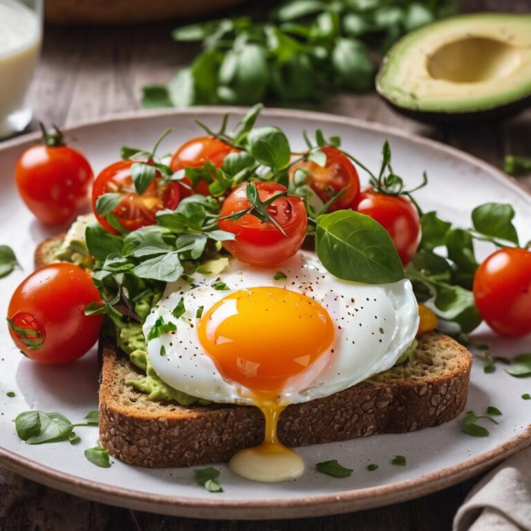 Desayuno saludable para bajar de peso con Tostada de centeno con aguacate, tomate cherry y huevo pochado