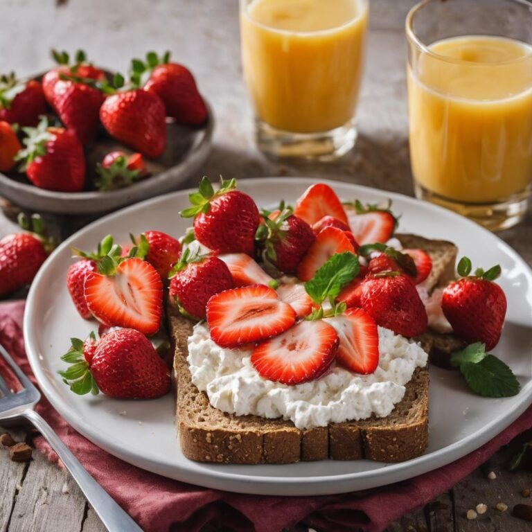 Desayuno saludable para bajar de peso con Tostada de centeno con queso cottage y rodajas de fresas