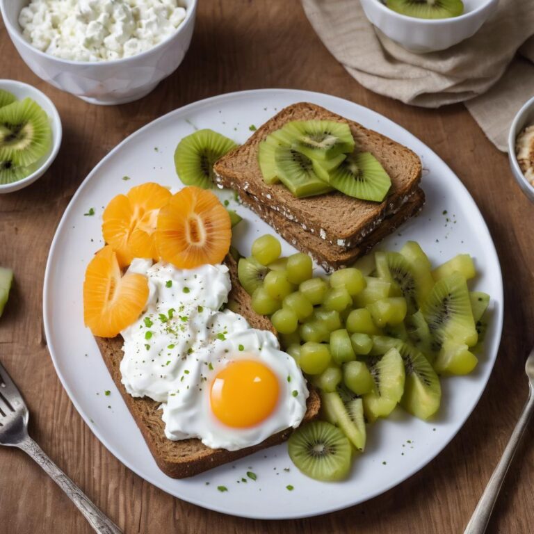 Desayuno saludable para bajar de peso con Tostada de centeno con queso cottage y rodajas de kiwi