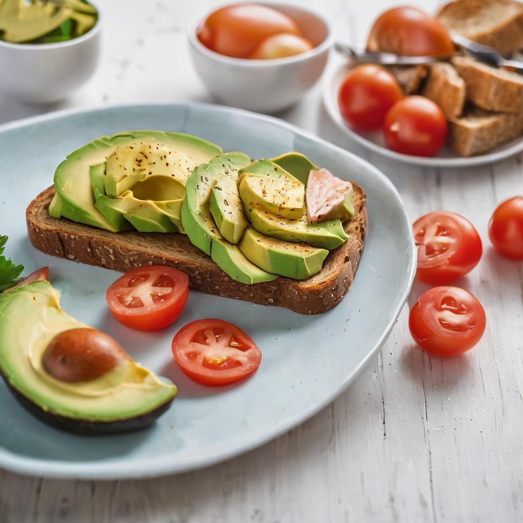 Desayuno saludable para bajar de peso con Tostada de trigo integral con aguacate, tomate y salmón