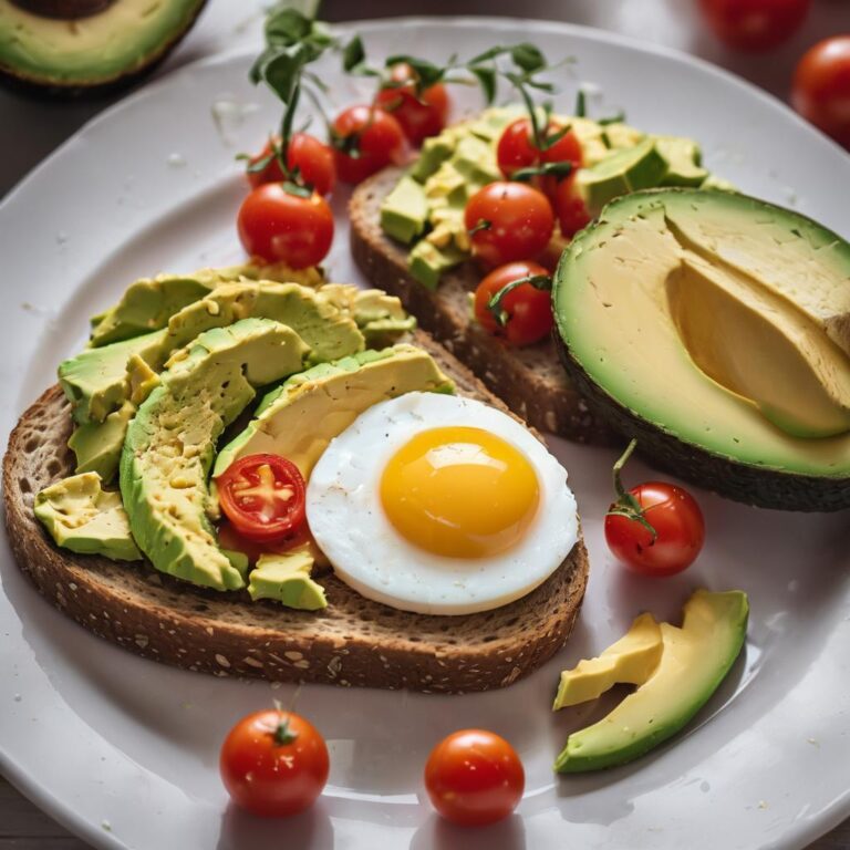 Desayuno saludable para bajar de peso con Tostada de trigo integral con aguacate y huevo revuelto