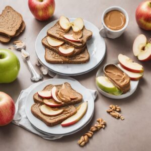 Desayuno saludable para bajar de peso con Tostada de trigo integral con mantequilla de cacahuate y rodajas de manzana