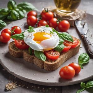 Desayuno saludable para bajar de peso con Tostada de trigo integral con tomate, albahaca y huevo pochado