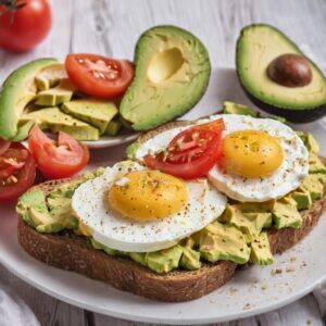 Desayuno saludable para bajar de peso con Tostada integral con aguacate, tomate y huevo revuelto