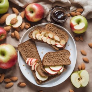 Desayuno saludable para bajar de peso con Tostada integral con mantequilla de almendra y rodajas de manzana