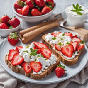 Desayuno saludable para bajar de peso con Tostada integral con queso cottage y rodajas de fresas