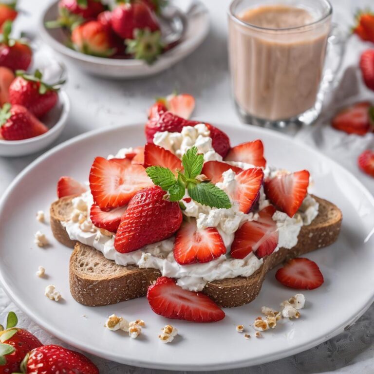 Desayuno saludable para bajar de peso con Tostada integral con requesón y rodajas de fresas