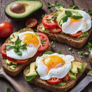 Desayuno saludable para bajar de peso con Tostada integral con tomate, aguacate y huevo pochado