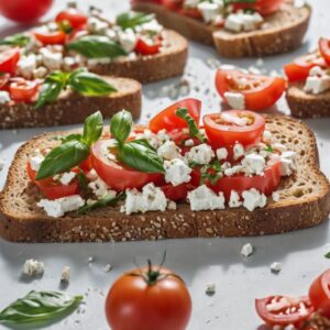Desayuno saludable para bajar de peso con Tostada integral con tomate, albahaca y queso feta