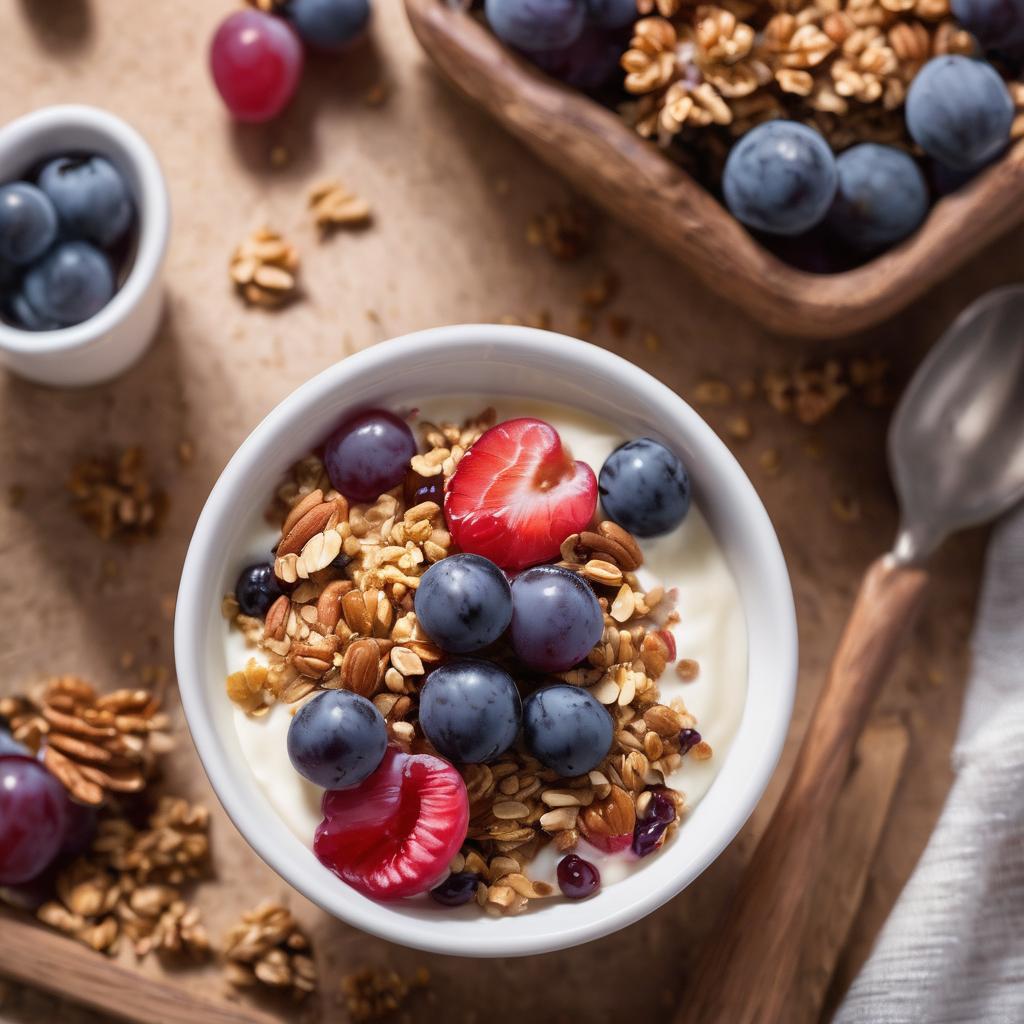 Desayuno saludable para bajar de peso con Yogur griego con granola sin azúcar y rodajas de uva