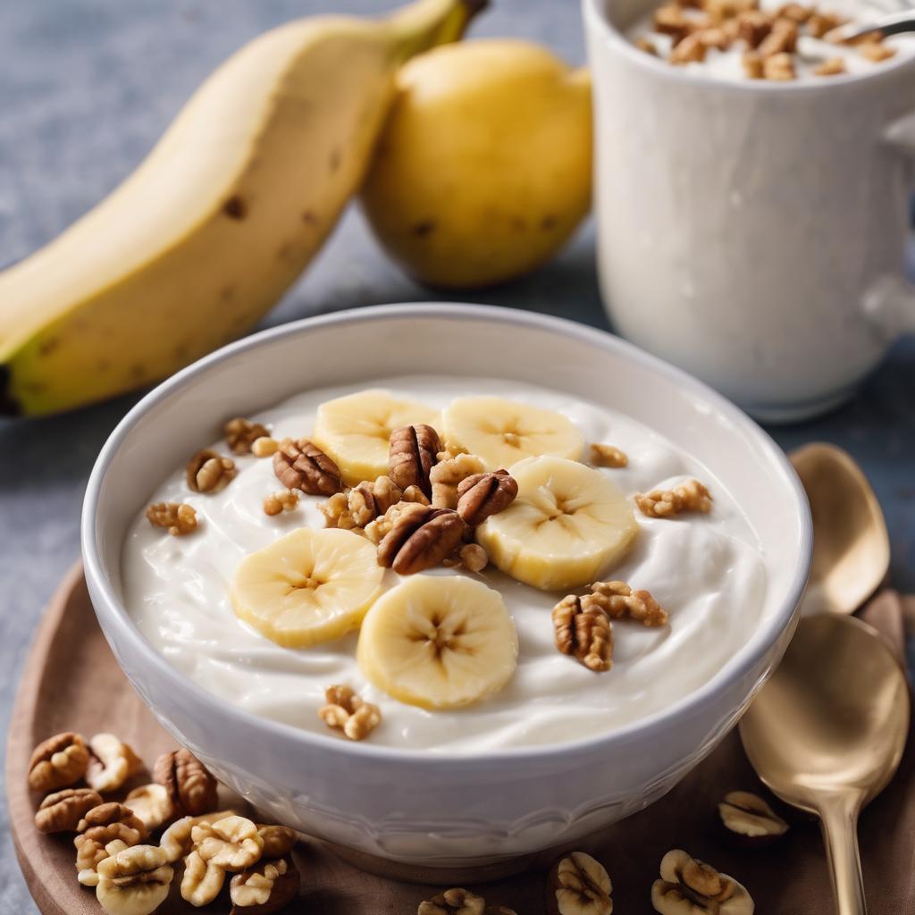 Desayuno saludable para bajar de peso con Yogur griego con nueces y rodajas de plátano
