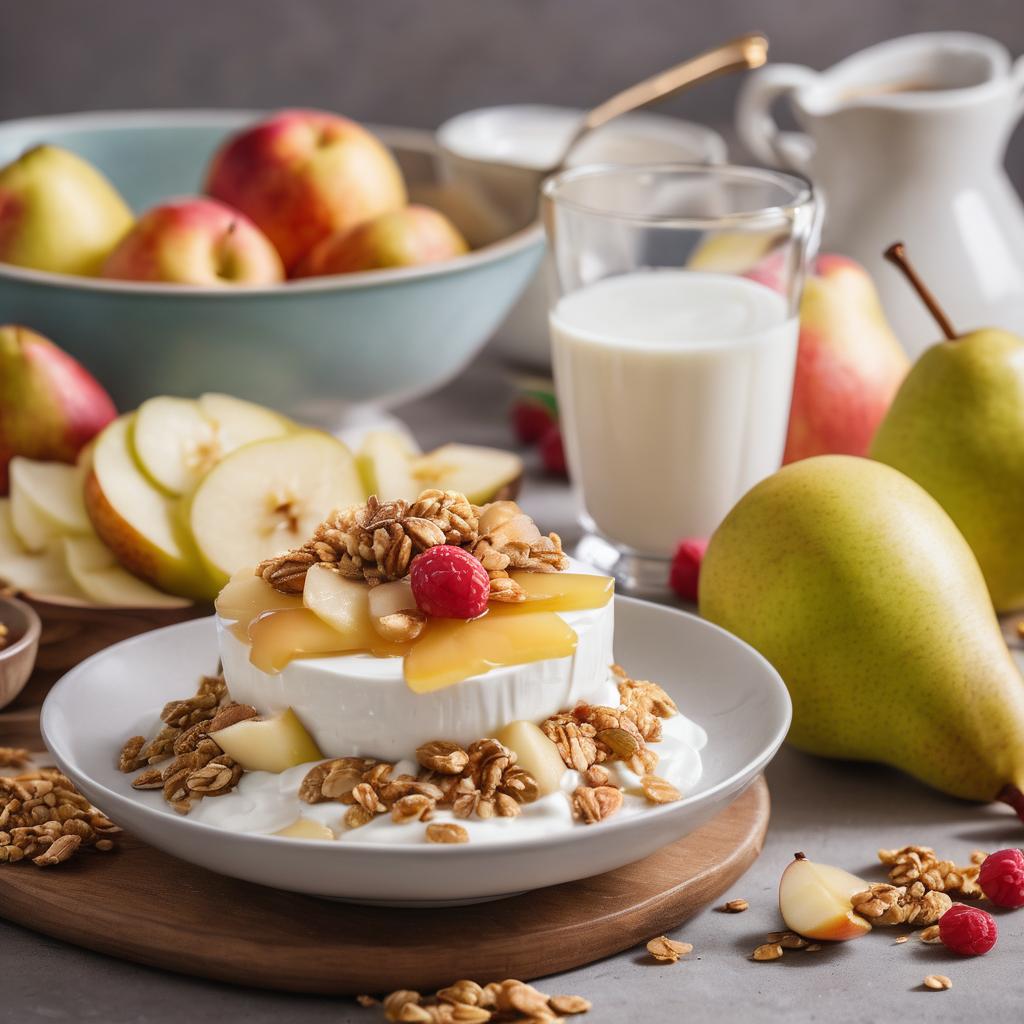 Desayuno saludable para bajar de peso con Yogur griego con rodajas de pera y granola sin azúcar