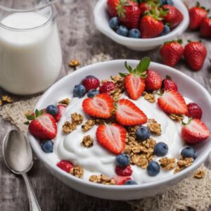 Desayuno saludable para bajar de peso con Yogur griego con fresas y una cucharada de granola sin azúcar